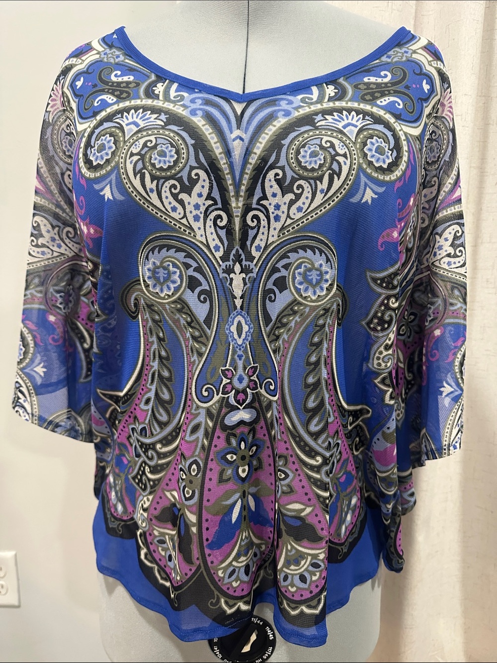 INC International Concepts Blue Paisley  Blouse L Y2K nylon butterfly sleeve vtg